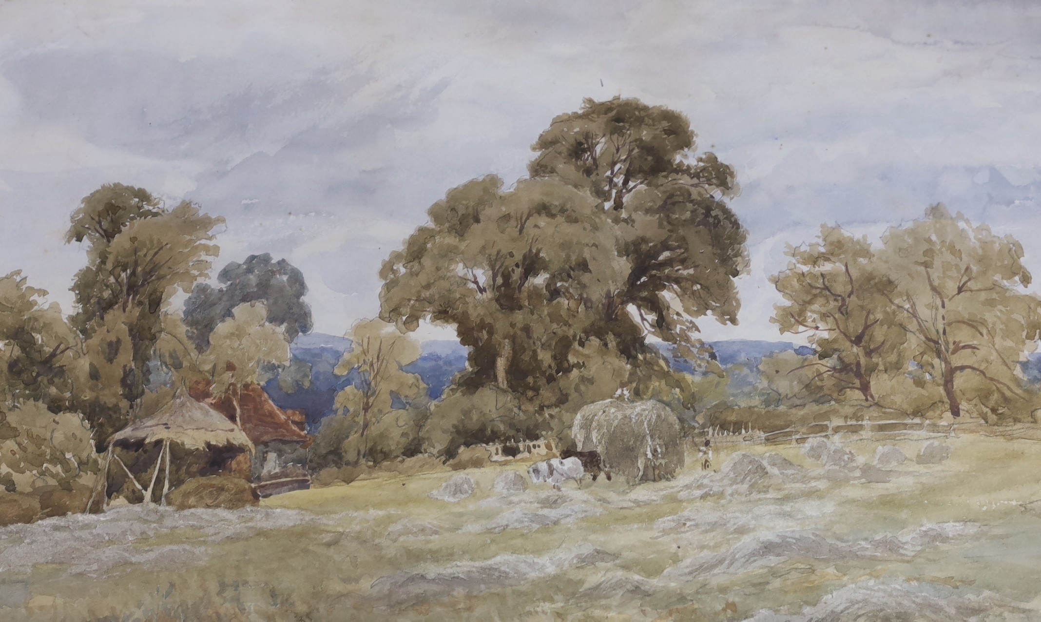 19th century English School, watercolour, Woman collecting water from a spring, 22 x 16cm and John Linnell (1792-1882), watercolour, Harvest scene, 25 x 41cm